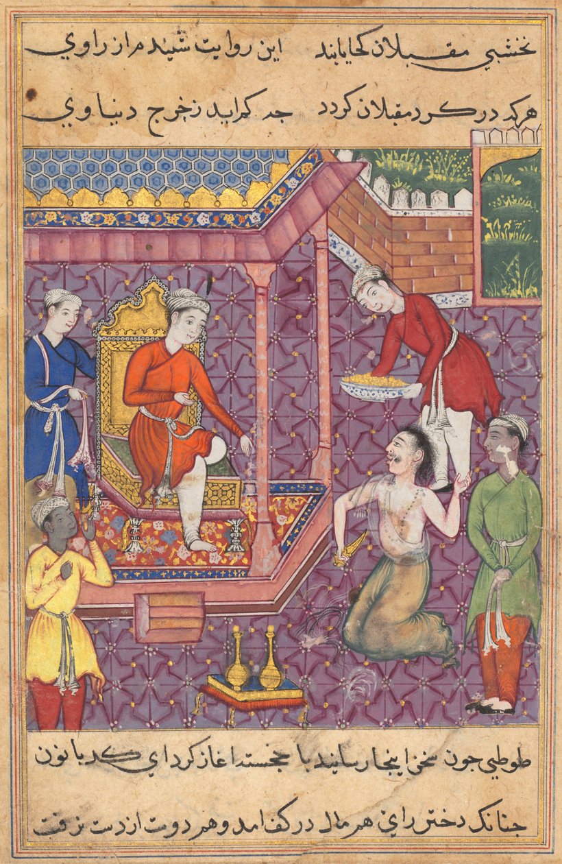 Side fra Tales of a Parrot Tuti-nama: Trettifemte natt: Magikeren forkledd..., ca. 1560. av Unbekannt