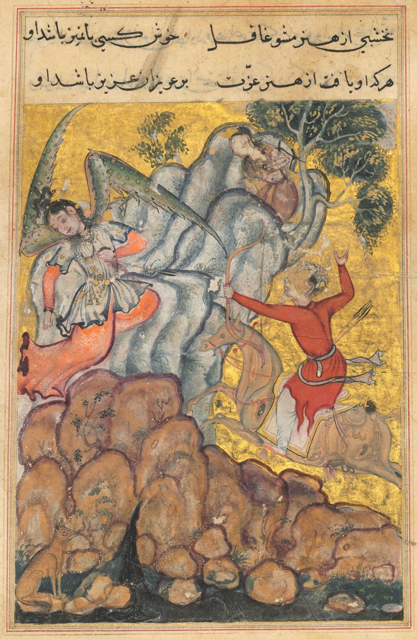 Side fra Tales of a Parrot Tuti-nama: Trettifjerde natt: Den tredje frieren..., ca. 1560. av Unbekannt