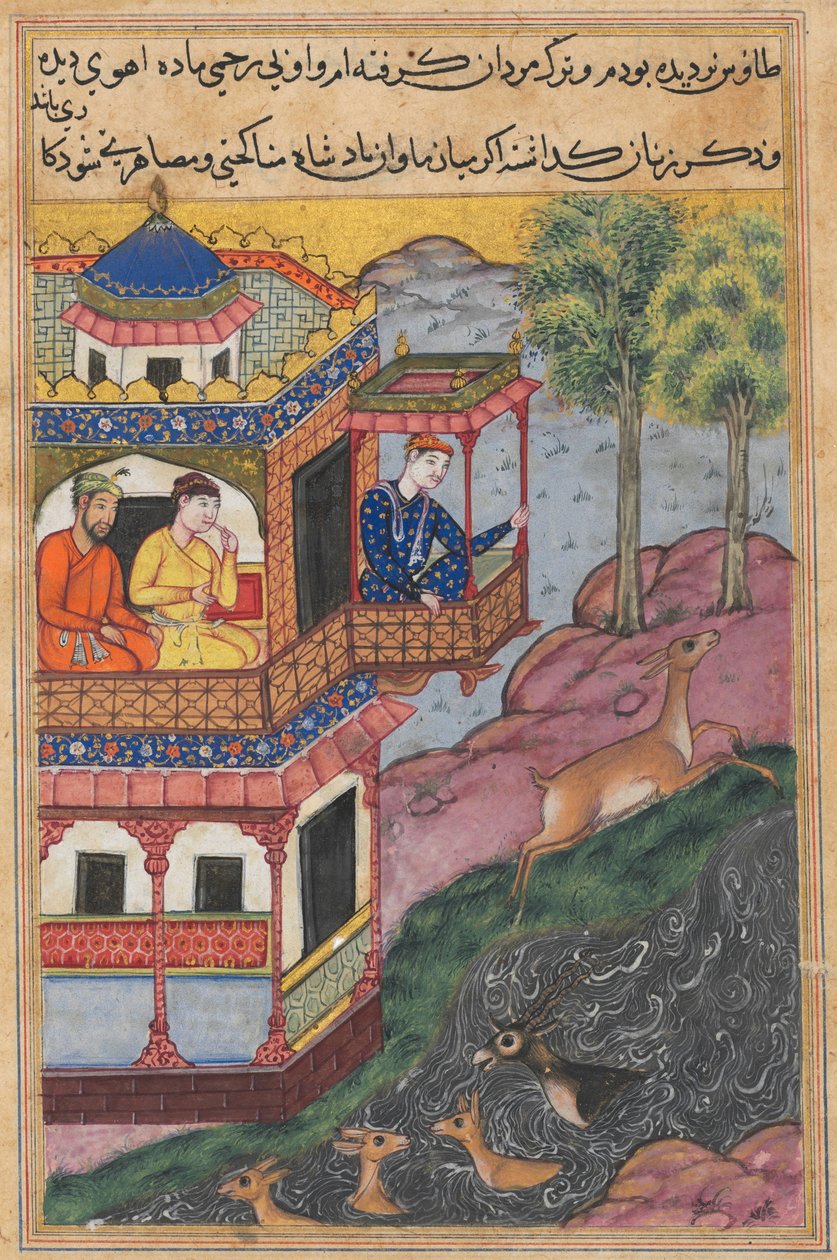 Side fra Tales of a Parrot Tuti-nama: Trettiniende natt: Maleriet laget av..., ca. 1560. av Unbekannt