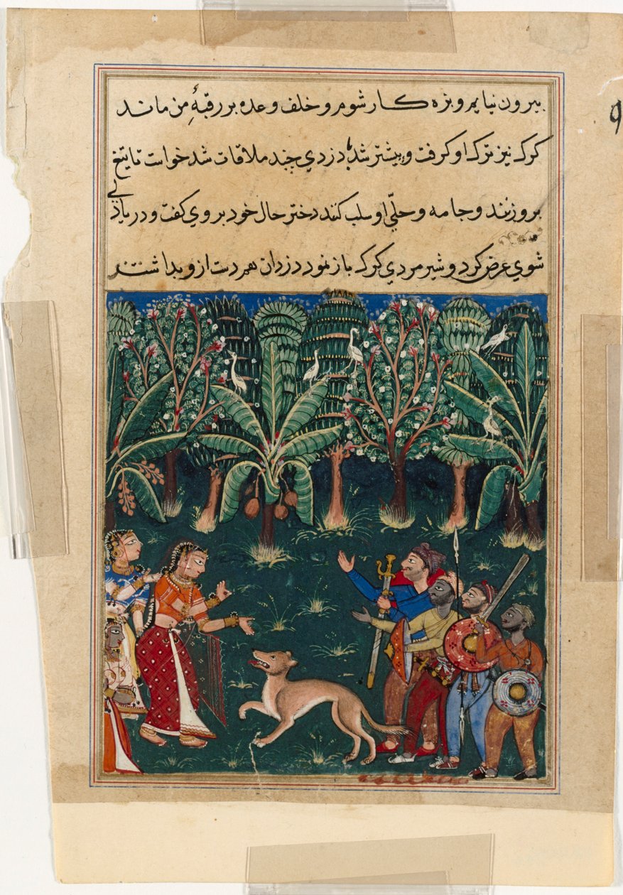 Side fra Tales of a Parrot Tuti-nama: Tolvte natt: Kjøpmannens datter..., ca. 1560. av Unbekannt