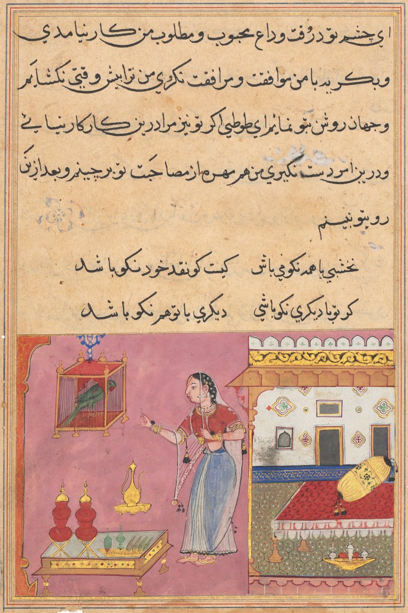 Side fra Tales of a Parrot Tuti-nama: Tjuende natt: Papegøyen adresserer..., ca. 1560. av Unbekannt