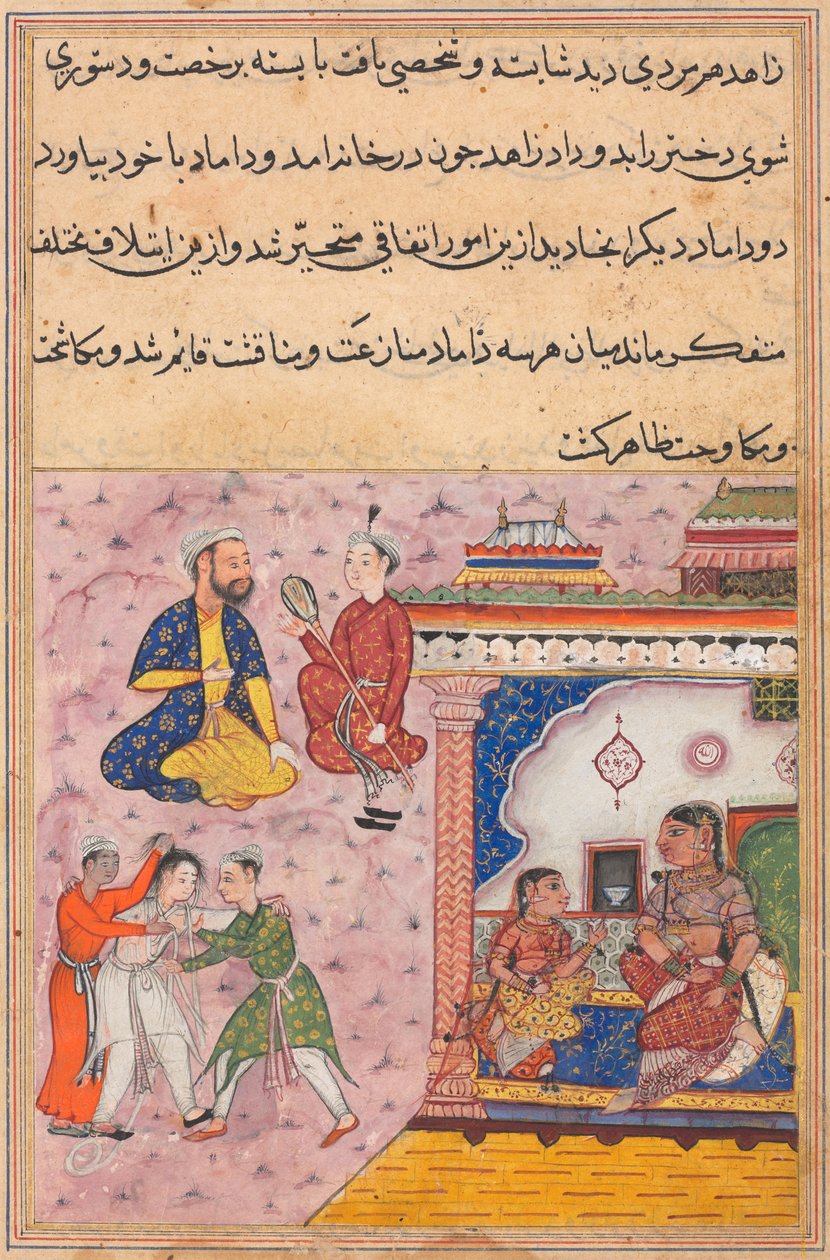 Side fra Tales of a Parrot Tuti-nama: Tjuende natt: Tre friere kjemper..., ca. 1560. av Unbekannt