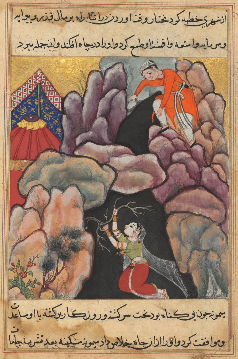 Side fra Tales of a Parrot Tuti-nama: Tjuefemte natt: Mukhtar kaster sin kone..., ca. 1560. av Unbekannt