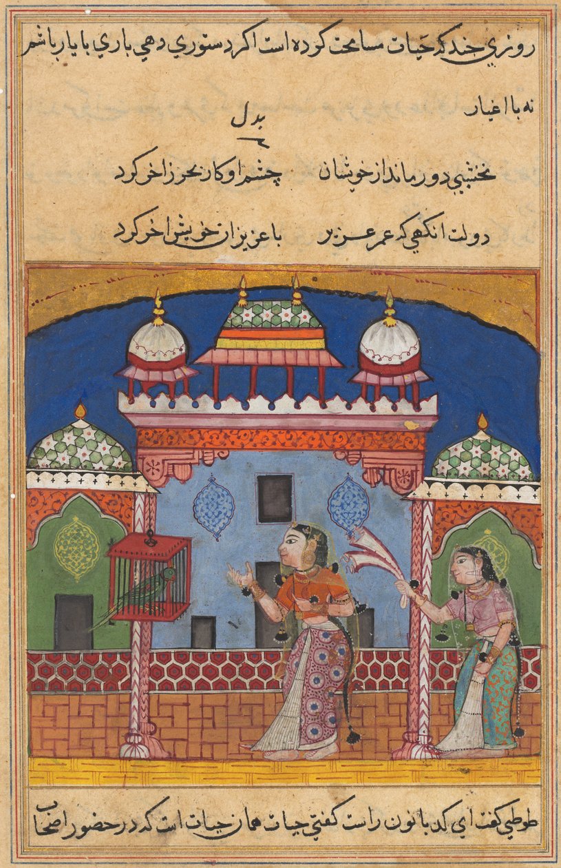 Side fra Tales of a Parrot Tuti-nama: Tjueandre natt: Papegøyen adresserer..., ca. 1560. av Unbekannt