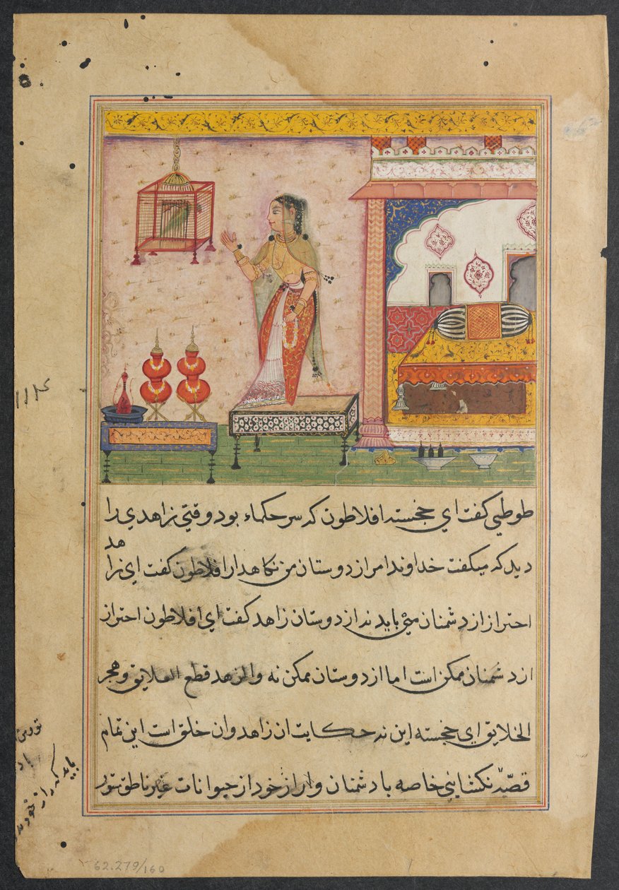 Side fra Tales of a Parrot Tuti-nama: Tjuetredje natt: Papegøyen adresserer..., ca. 1560. av Unbekannt