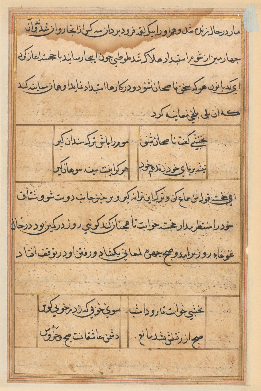 Side fra Tales of a Parrot Tuti-nama: tekstside, ca. 1560. av Unbekannt