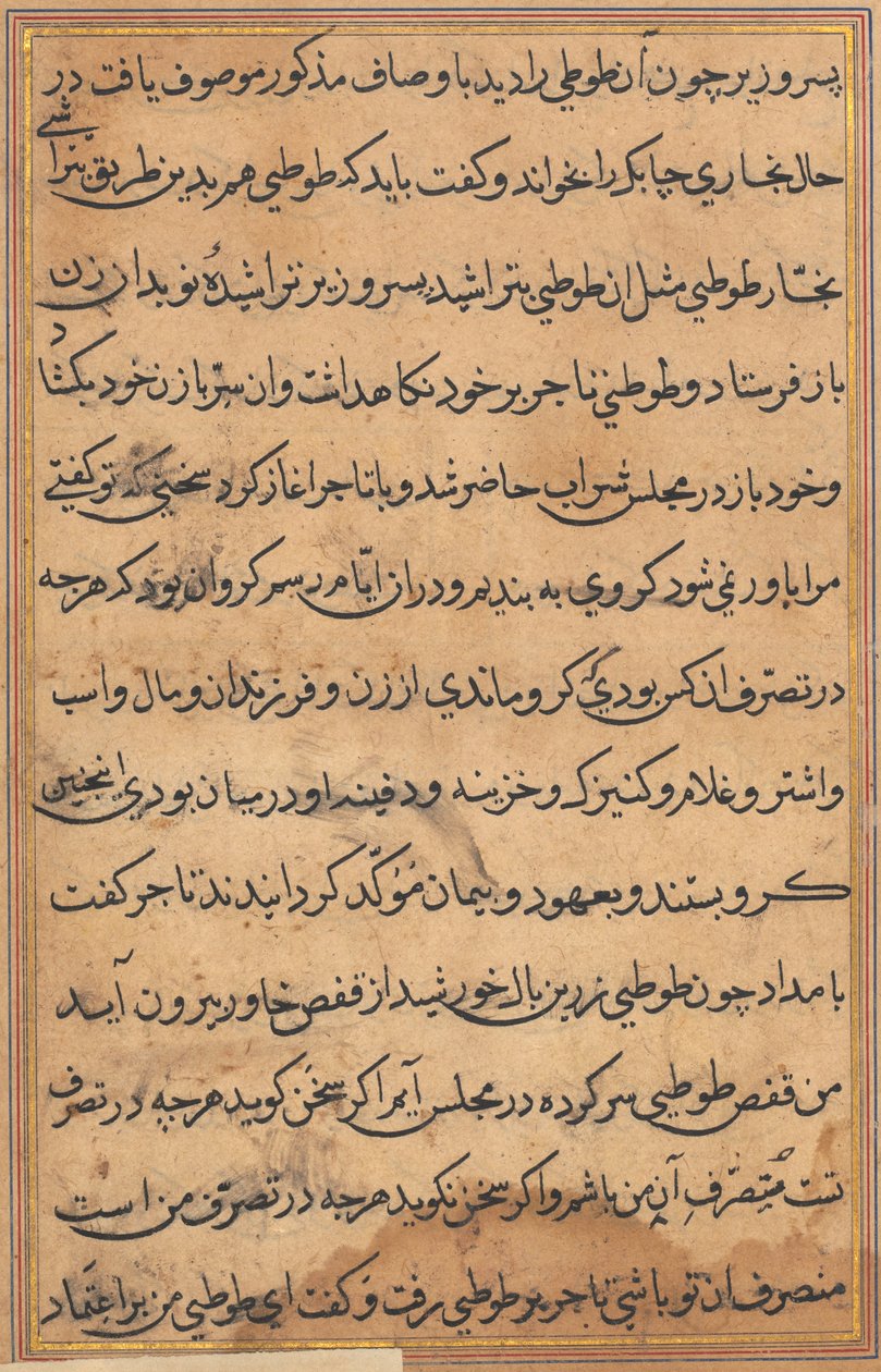Side fra Tales of a Parrot Tuti-nama: tekstside, ca. 1560. av Unbekannt