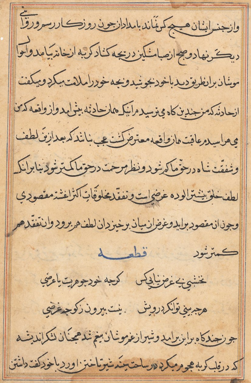 Side fra Tales of a Parrot Tuti-nama: tekstside, ca. 1560. av Unbekannt