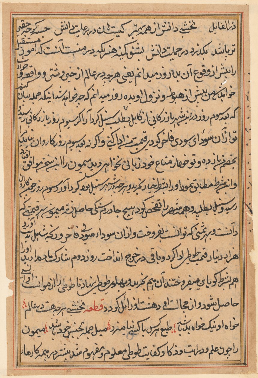 Side fra Tales of a Parrot Tuti-nama: tekstside, ca. 1560. av Unbekannt