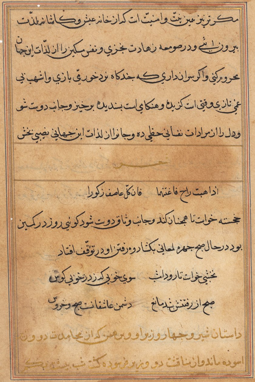 Side fra Tales of a Parrot Tuti-nama: tekstside, ca. 1560. av Unbekannt