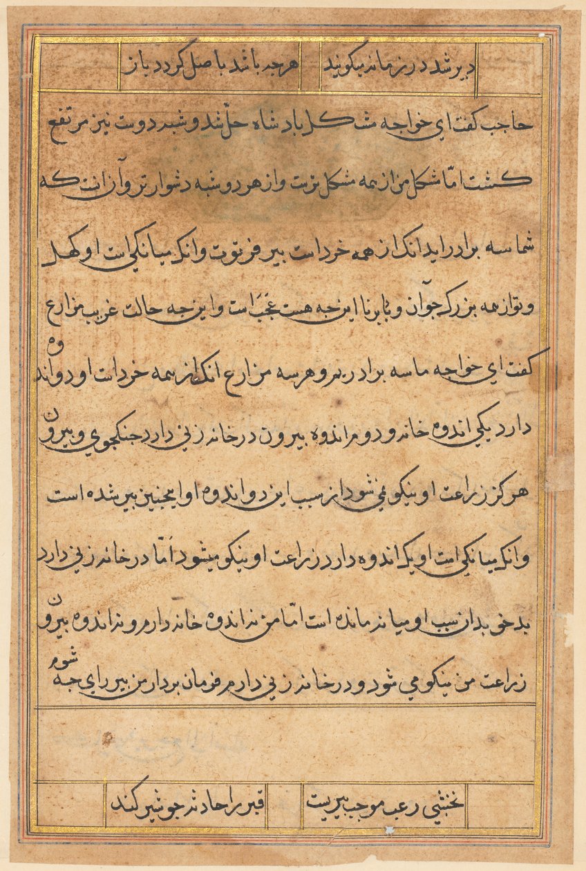 Side fra Tales of a Parrot Tuti-nama: tekstside, ca. 1560. av Unbekannt