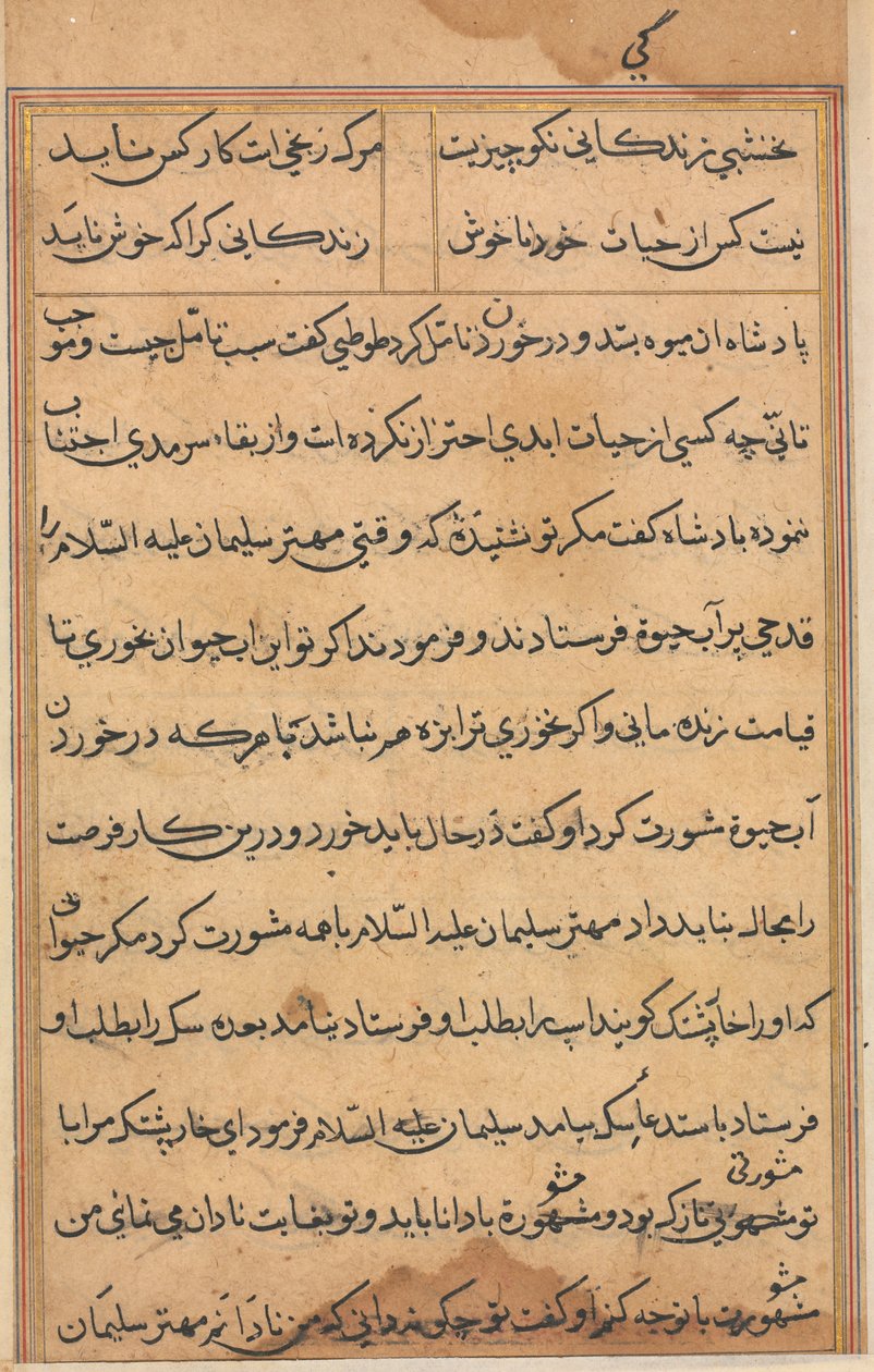 Side fra Tales of a Parrot Tuti-nama: tekstside, ca. 1560. av Unbekannt