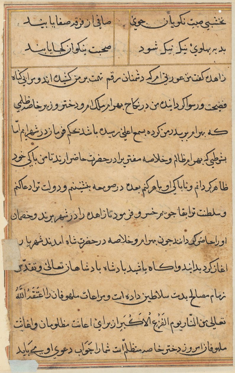 Side fra Tales of a Parrot Tuti-nama: tekstside, ca. 1560. av Unbekannt