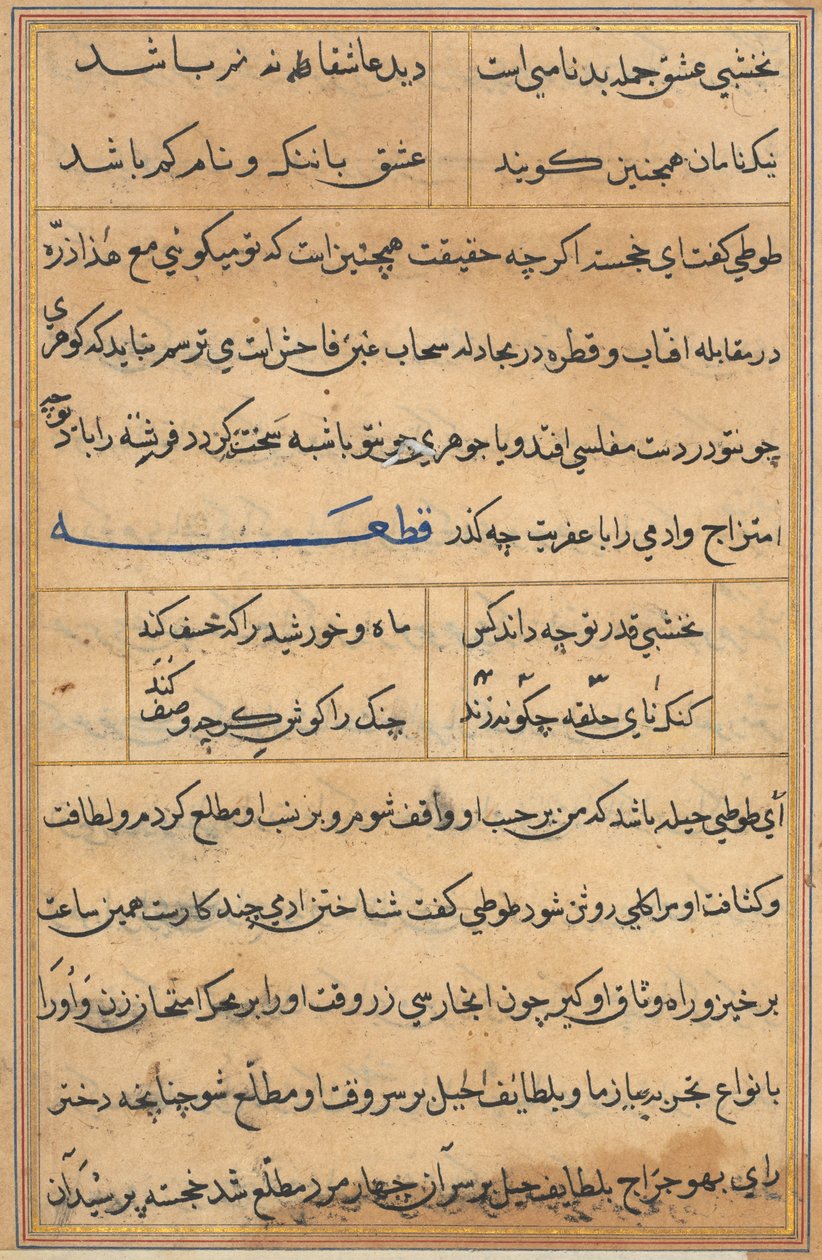 Side fra Tales of a Parrot Tuti-nama: tekstside, ca. 1560. av Unbekannt