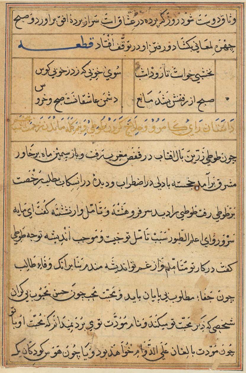 Side fra Tales of a Parrot Tuti-nama: tekstside, ca. 1560. av Unbekannt