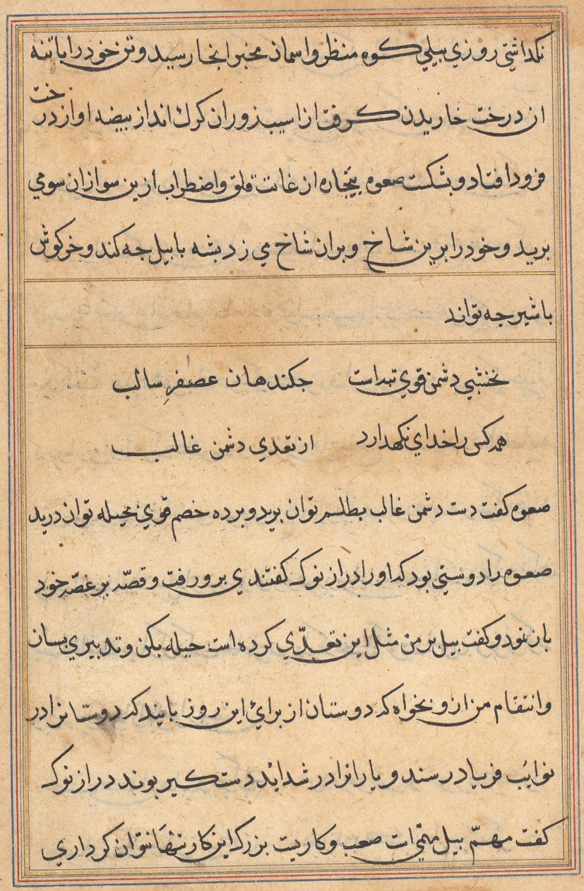 Side fra Tales of a Parrot Tuti-nama: tekstside, ca. 1560. av Unbekannt