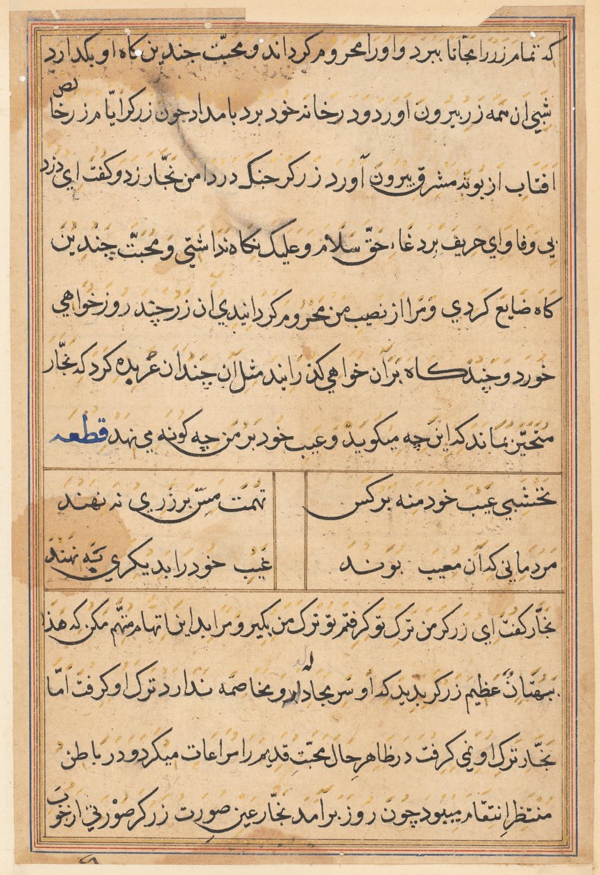Side fra Tales of a Parrot Tuti-nama: tekstside, ca. 1560. av Unbekannt