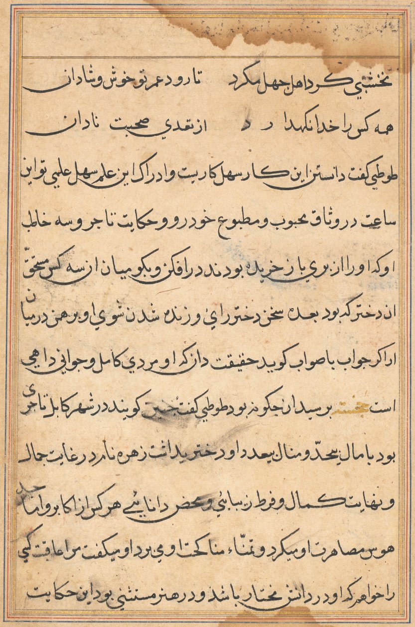 Side fra Tales of a Parrot Tuti-nama: tekstside, ca. 1560. av Unbekannt