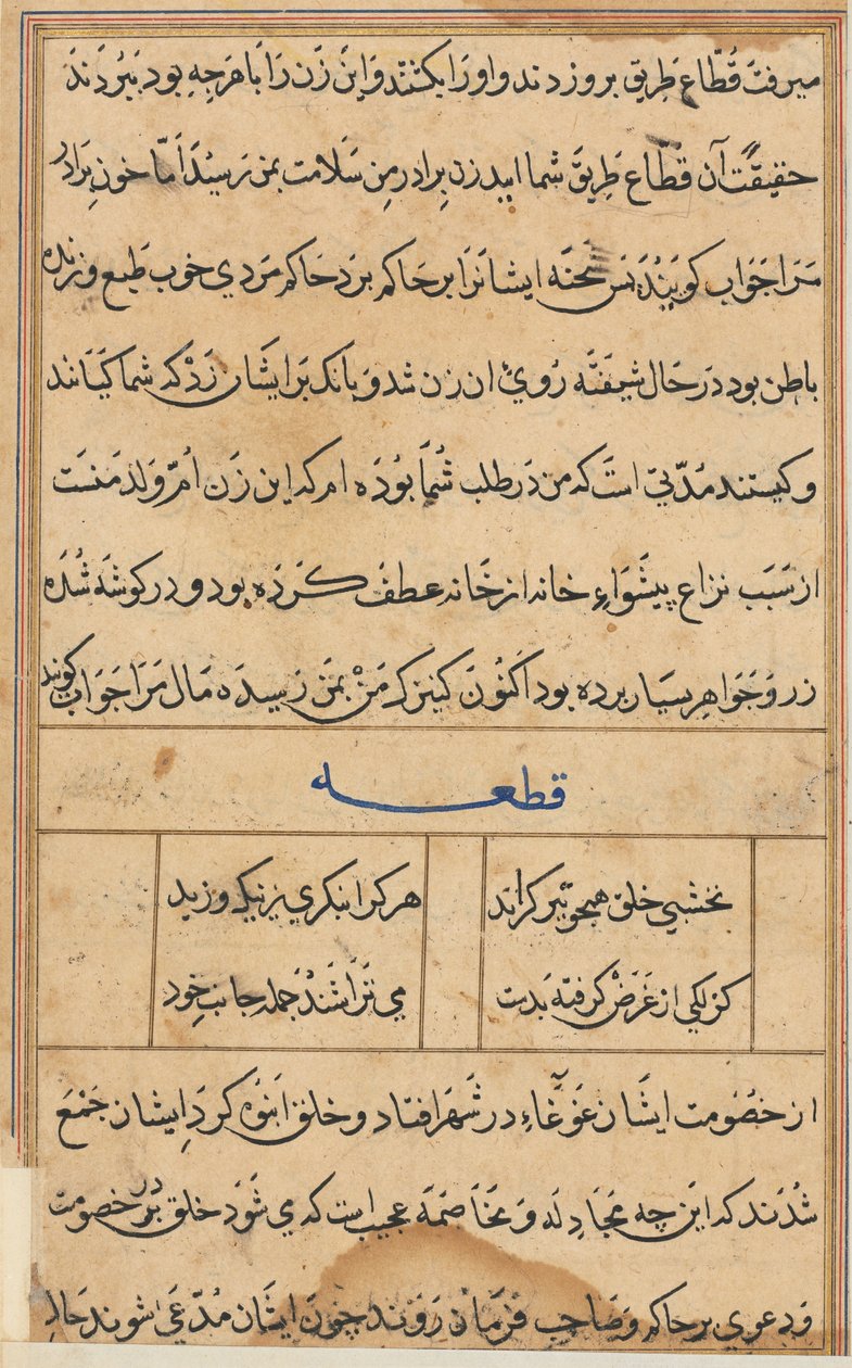 Side fra Tales of a Parrot Tuti-nama: tekstside, ca. 1560. av Unbekannt