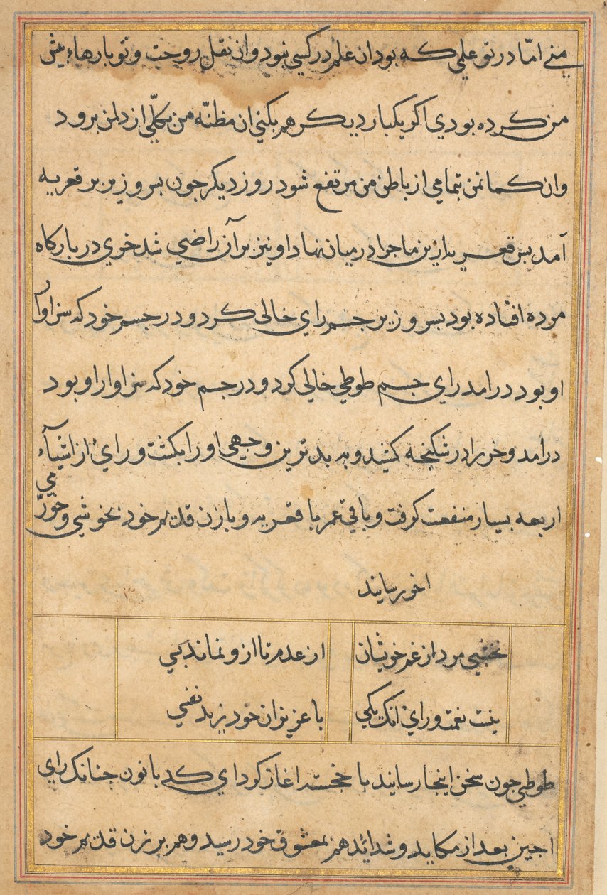 Side fra Tales of a Parrot Tuti-nama: tekstside, ca. 1560. av Unbekannt