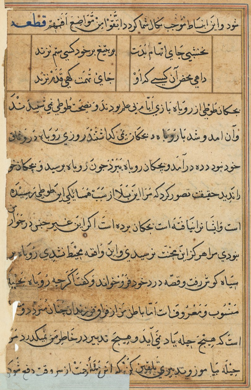 Side fra Tales of a Parrot Tuti-nama: tekstside, ca. 1560. av Unbekannt