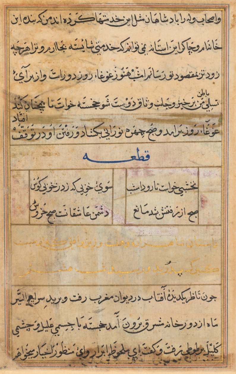 Side fra Tales of a Parrot Tuti-nama: tekstside, ca. 1560. av Unbekannt