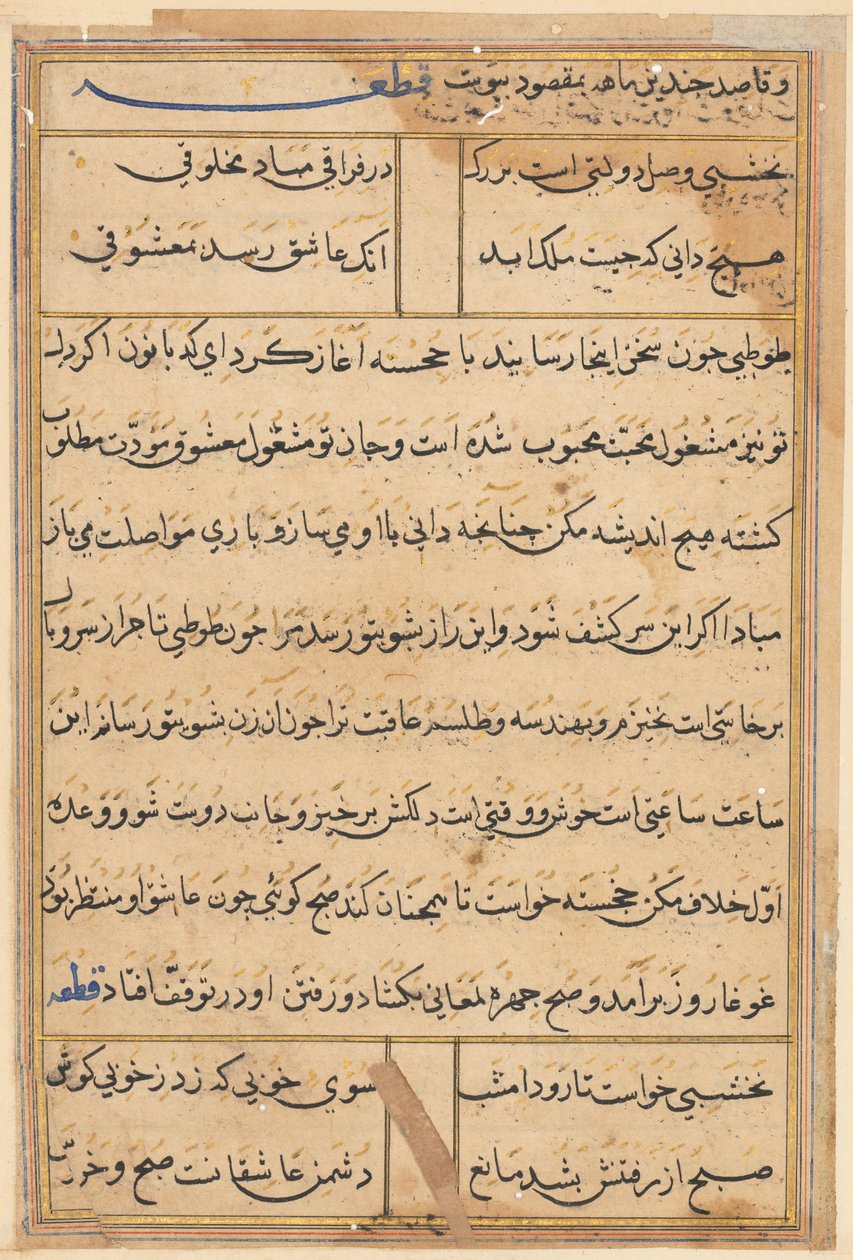 Side fra Tales of a Parrot Tuti-nama: tekstside, ca. 1560. av Unbekannt