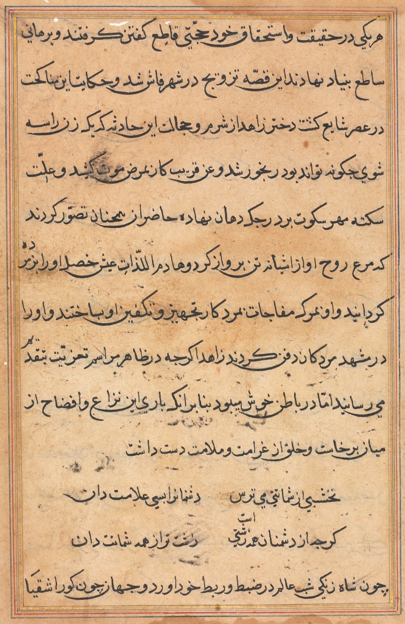 Side fra Tales of a Parrot Tuti-nama: tekstside, ca. 1560. av Unbekannt