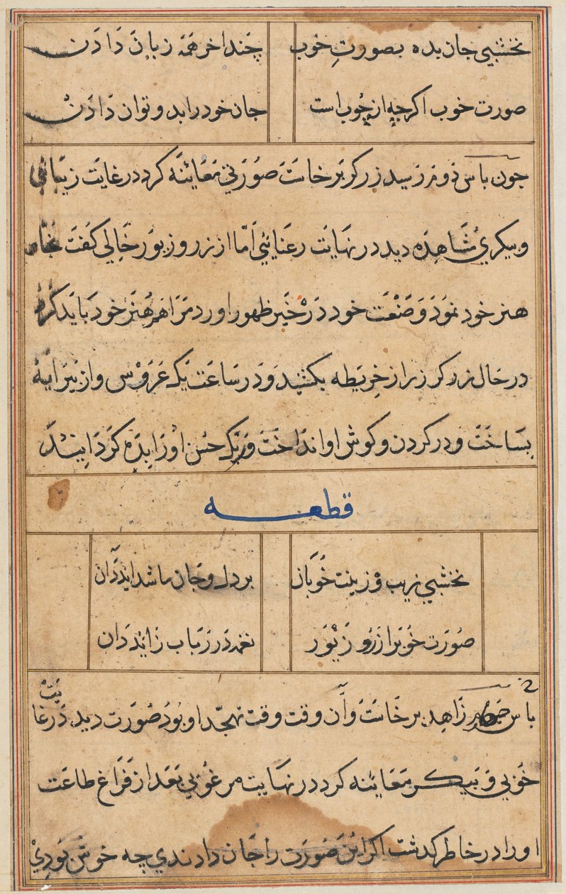 Side fra Tales of a Parrot Tuti-nama: tekstside, ca. 1560. av Unbekannt