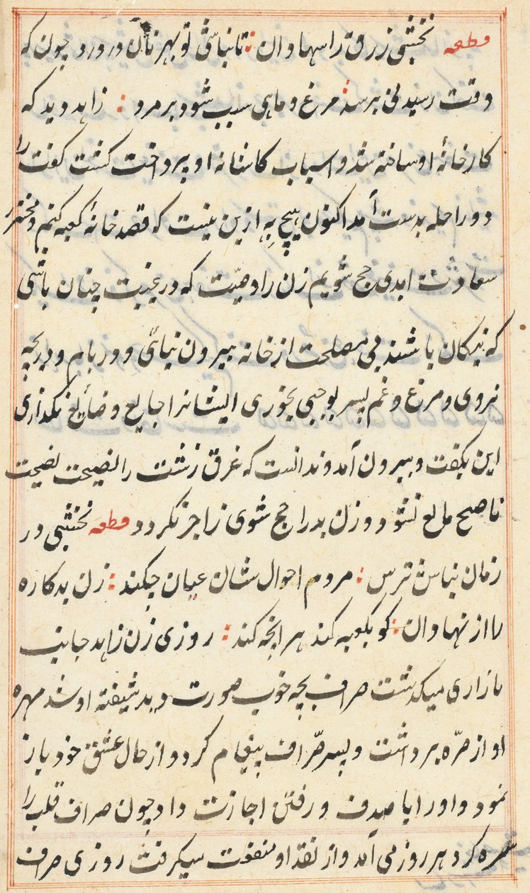 Side fra Tales of a Parrot Tuti-nama: tekstside, ca. 1560. av Unbekannt