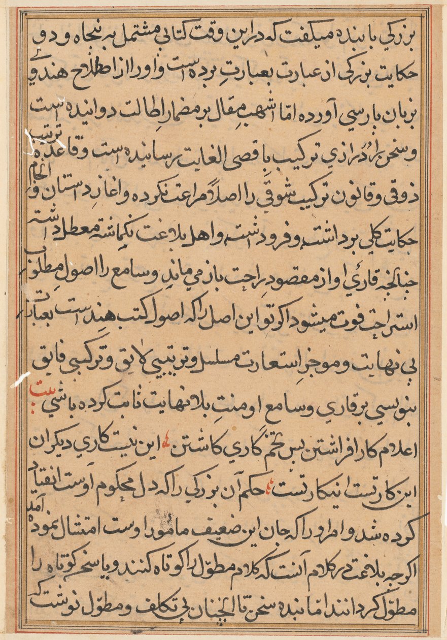 Side fra Tales of a Parrot Tuti-nama: tekstside, ca. 1560. av Unbekannt