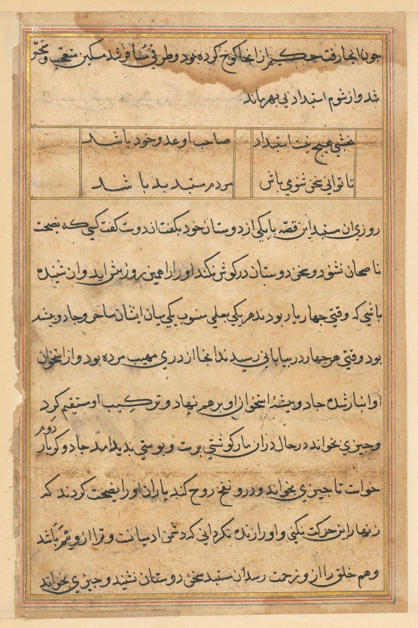 Side fra Tales of a Parrot Tuti-nama: tekstside, ca. 1560. av Unbekannt
