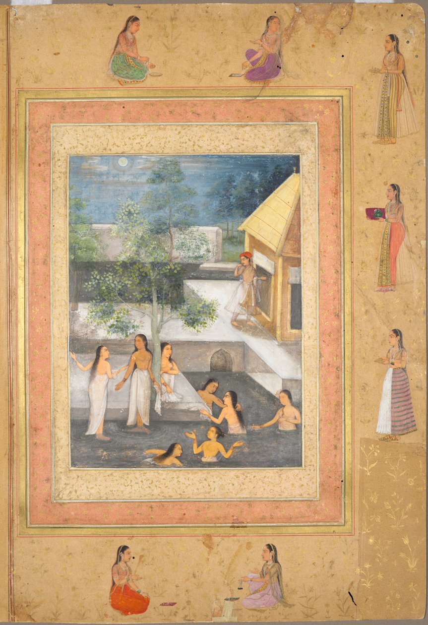 Side fra Late Shah Jahan-albumet: Harem Night-Bathing Scene, ca. 1653. av Unbekannt
