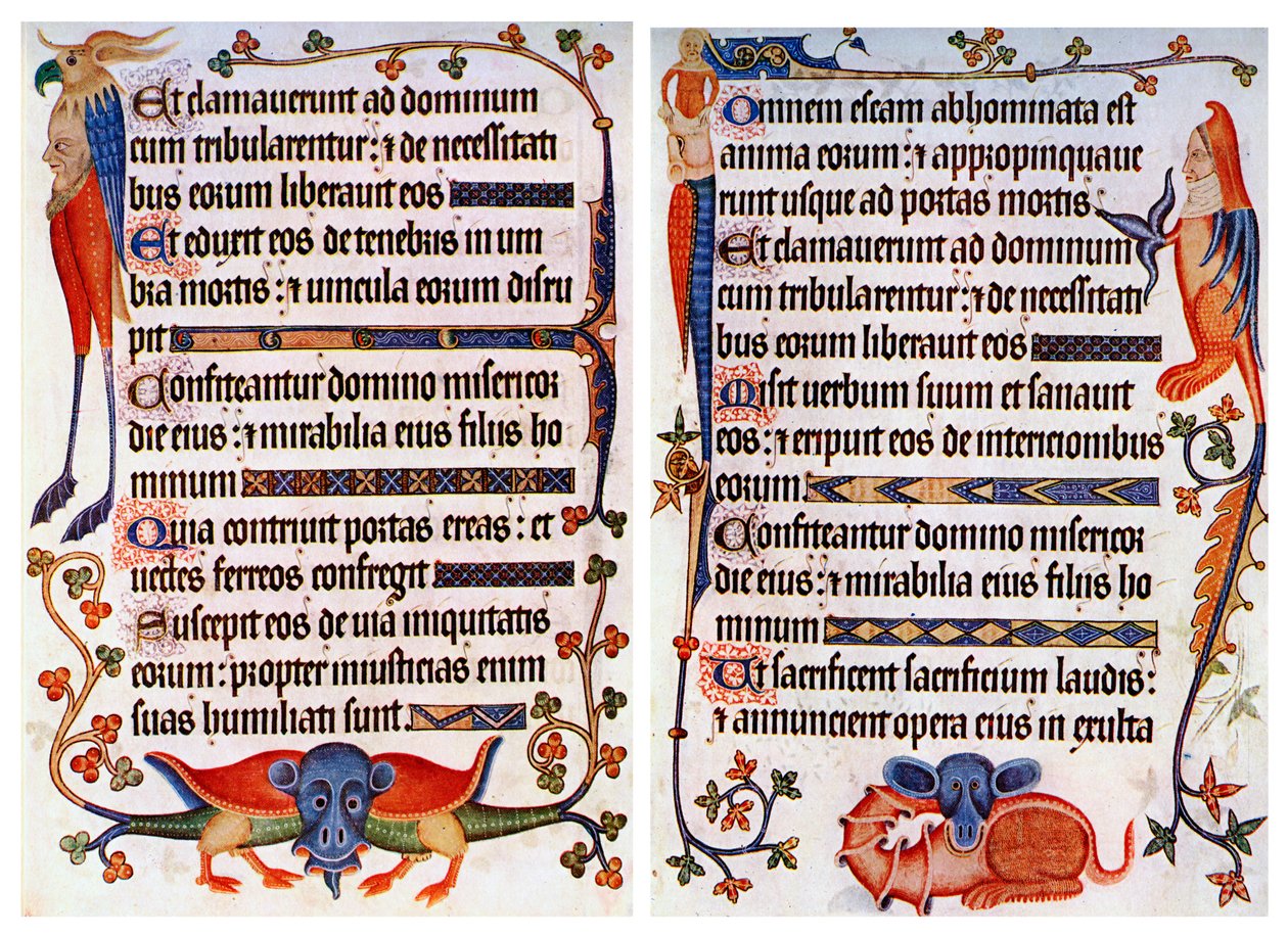 Side med illustrert tekst fra Luttrell Psalter, c1300-c1340, c1900-1920 av Unbekannt