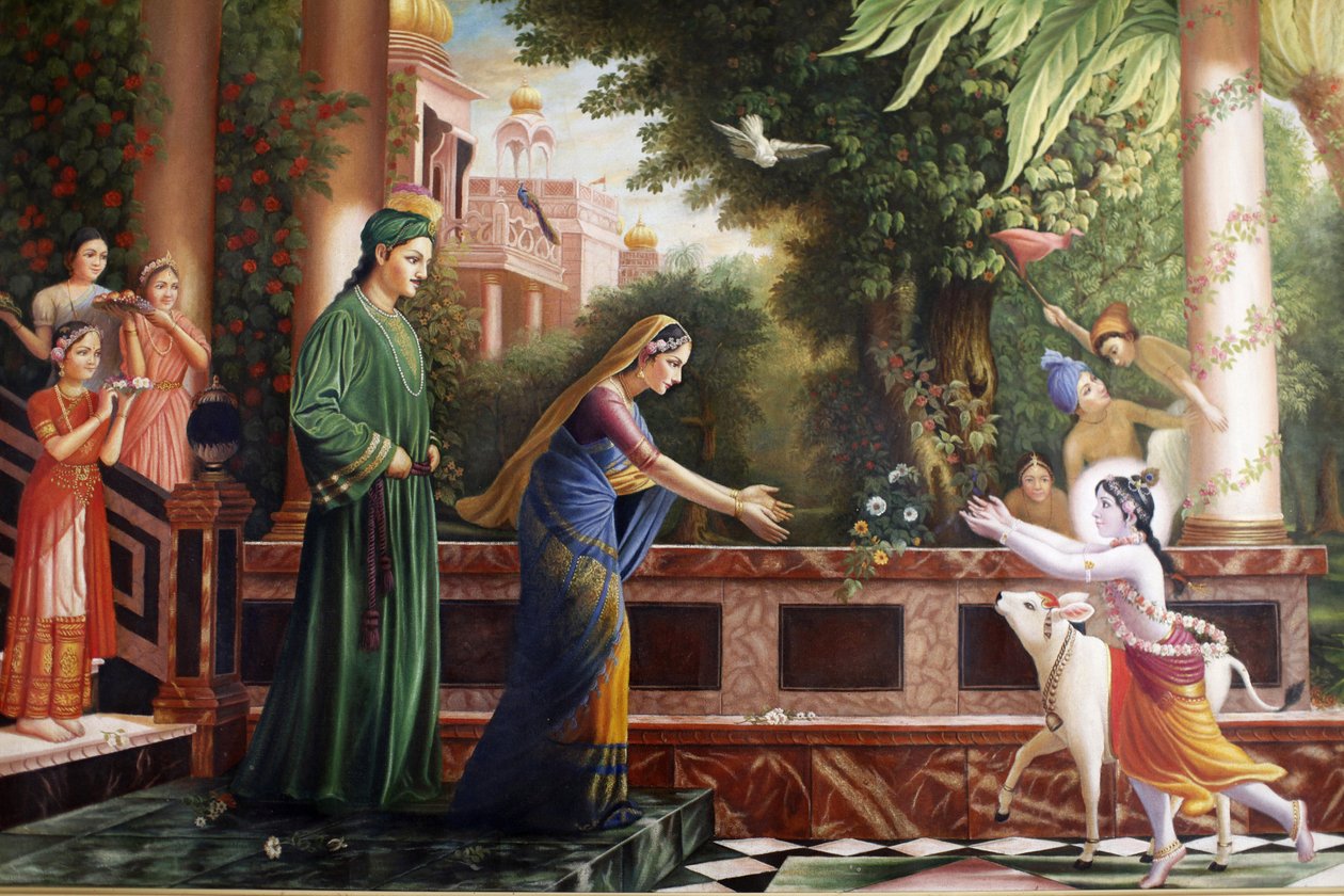 Maleri på Bhaktivedanta Manor som viser unge Krishna som løper til mor Yasoda og Nanda Maharaj (hans fosterforeldre) Watford Grande-Bretagne av Unbekannt