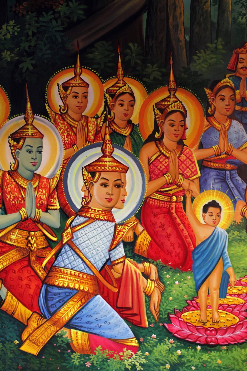 Maleri som viser Buddhas bursdag (Wesak) i Wat Than Phnom Penh Cambodge av Unbekannt
