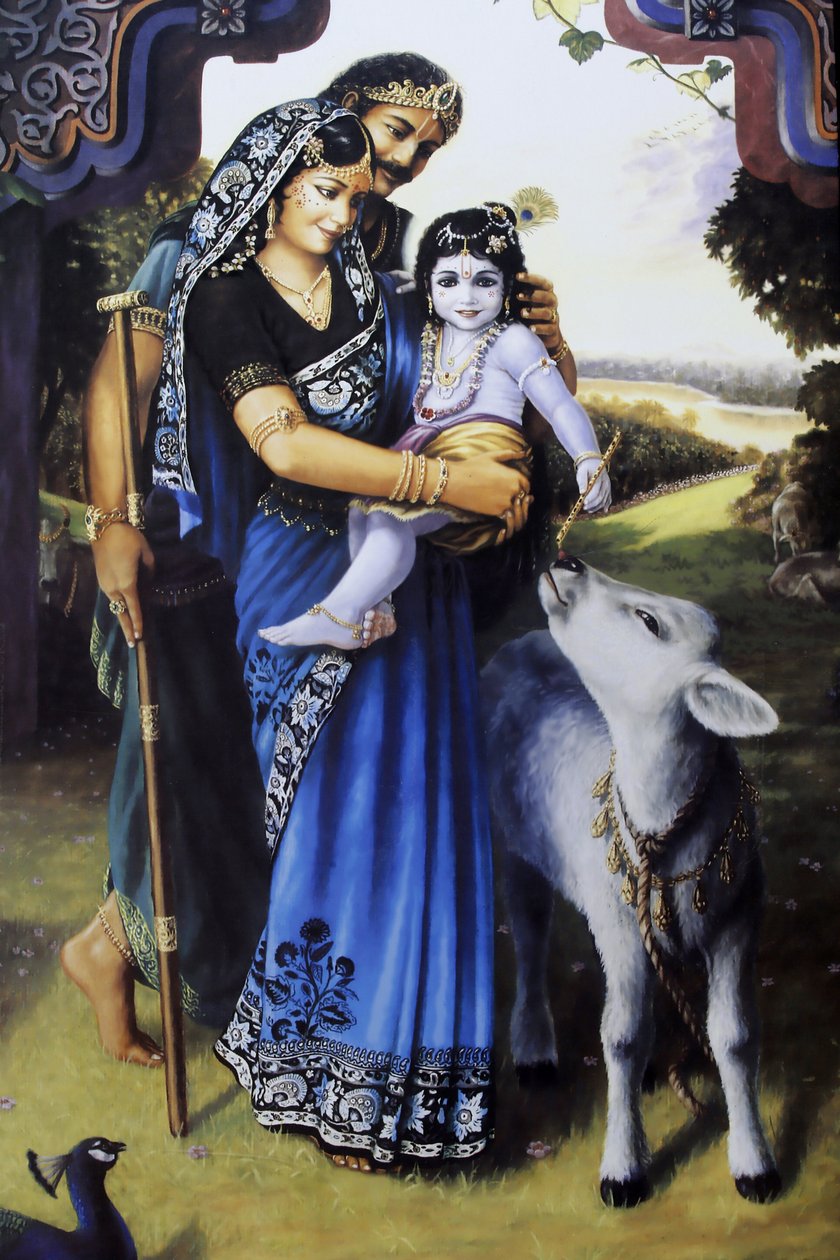 Maleri som viser hinduguden Krishna som baby med fosterforeldrene Yashoda og Nanda. India av Unbekannt