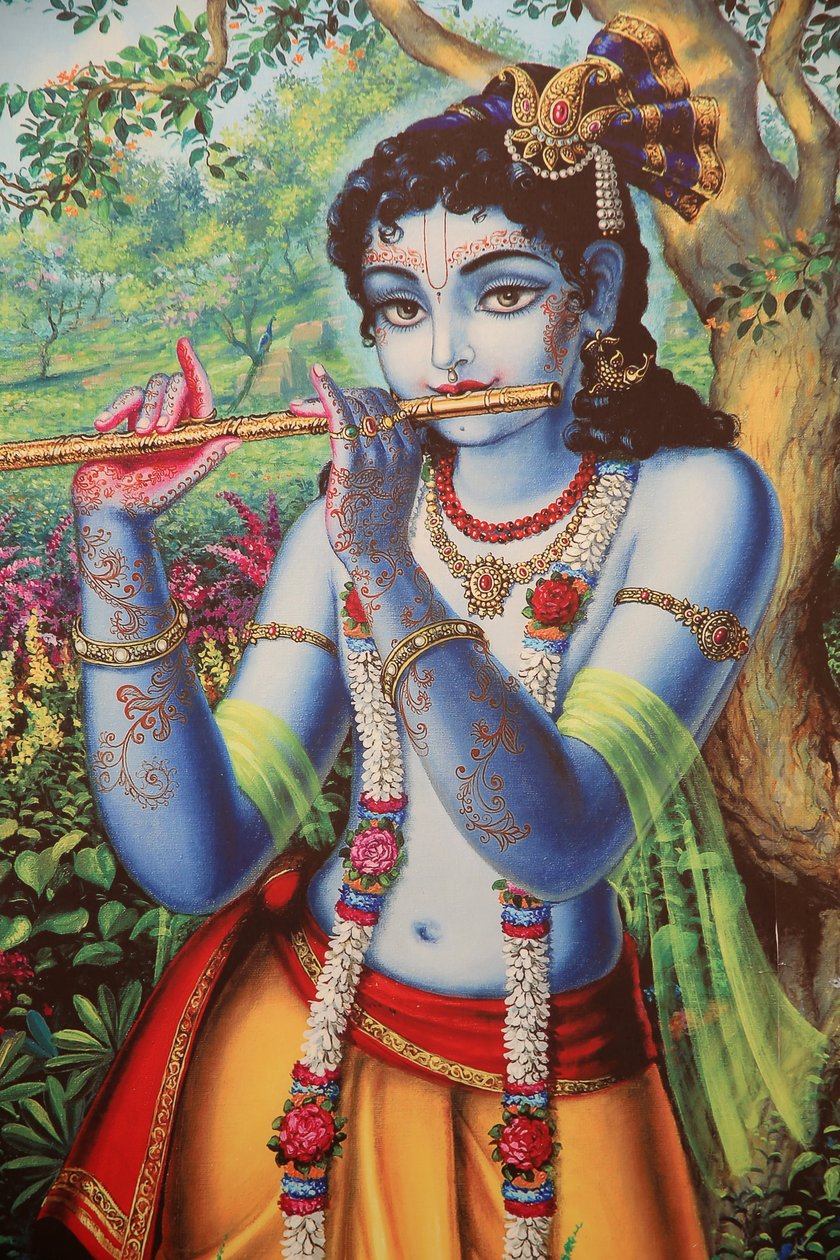 Maleri som viser hinduguden Krishna som spiller en fløyte utendørs. India av Unbekannt