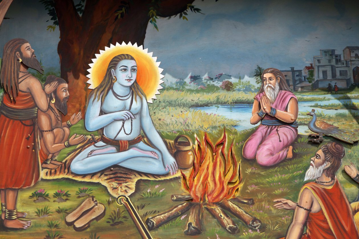 Maleri som viser en hellig mann (sitter på en tigers hud som Shiva) omgitt av tilhengere Haridwar India av Unbekannt
