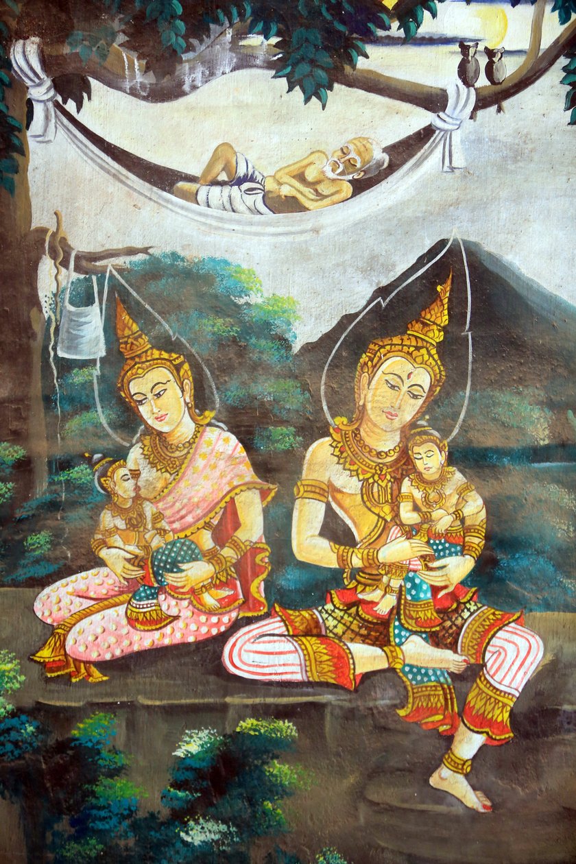 Maleri som skildrer livshistorien til Shakyamuni Buddha. Wat Naxai. Vientiane. Laos, 20151106, Vientiane, Laos av Unbekannt