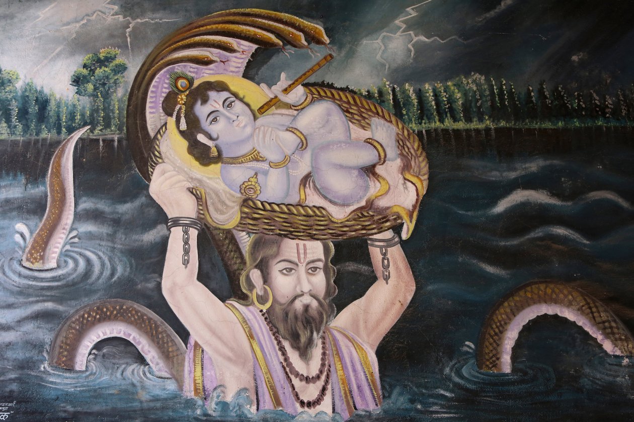 Maleri i Gokul: Krishna som baby båret over Yamuna-elven av Vasudeva. India av Unbekannt