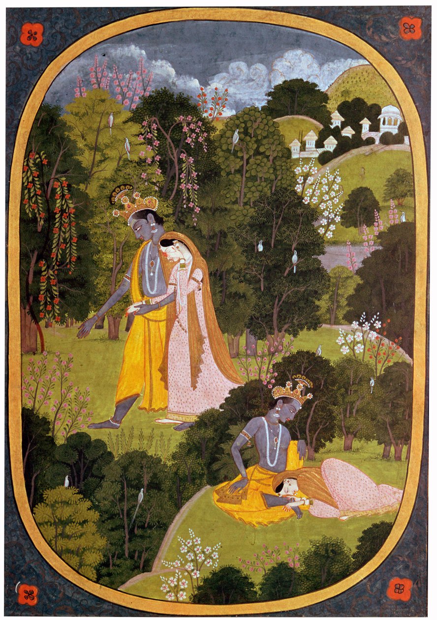 Maleri av Radha og Krishna i en lund av Unbekannt