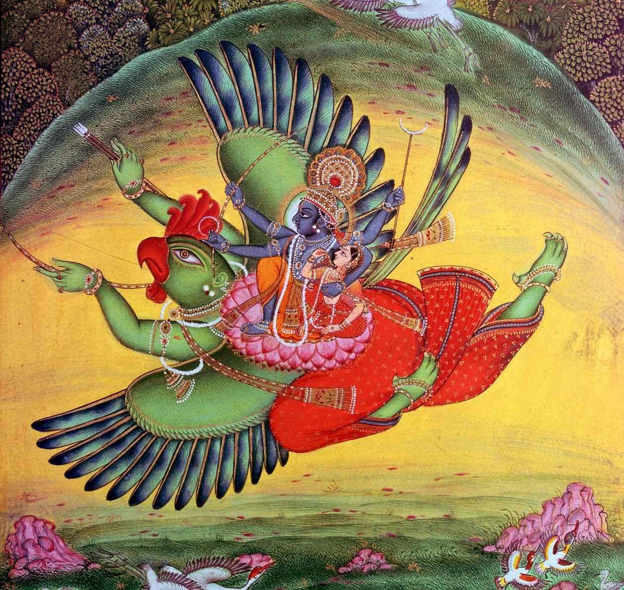 Maleri av Vishnu og hans kone Lakshmi som rir på fugleguden Garuda av Unbekannt