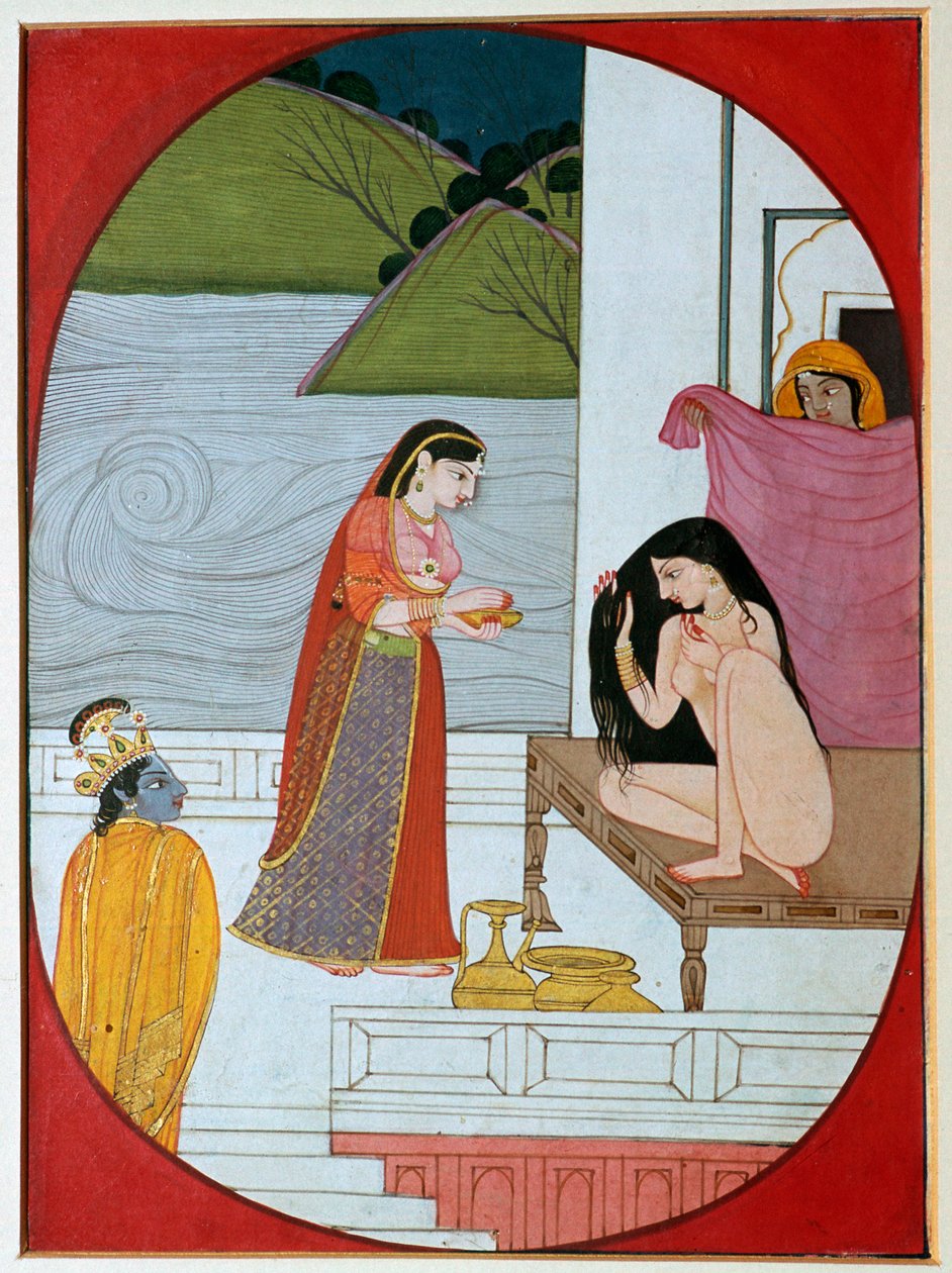 Maleri av guden Khrishna som ser på Radha ved badet hennes, 1800-tallet av Unbekannt