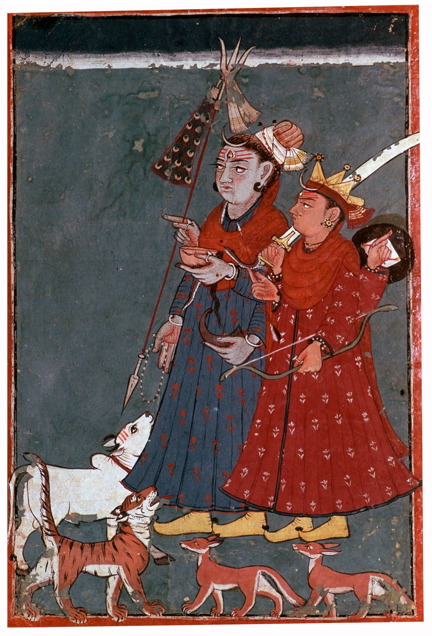 Maleri av gudene Shiva og Krishna akkompagnert av en okse, tiger og sjakaler av Unbekannt