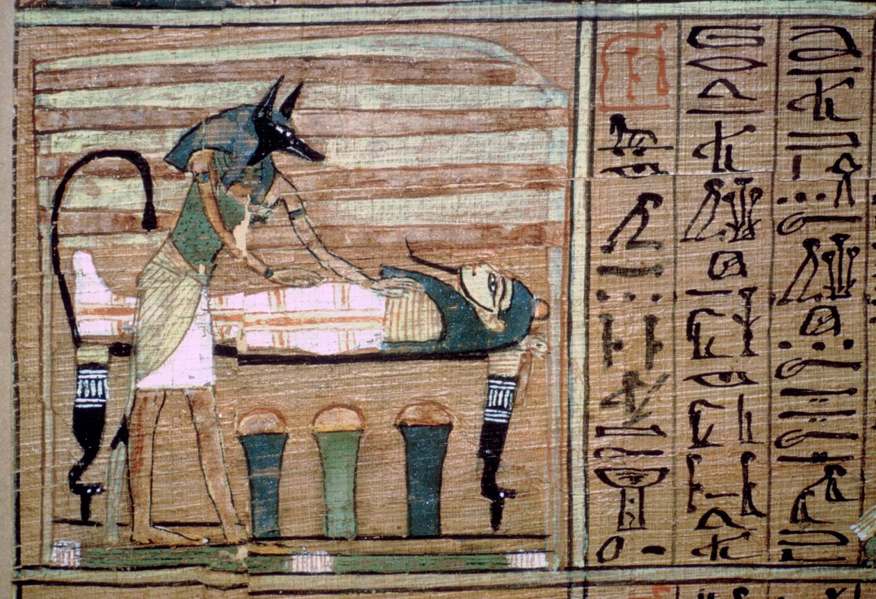 Papyrus av Anubis forbereder en mumie av Unbekannt