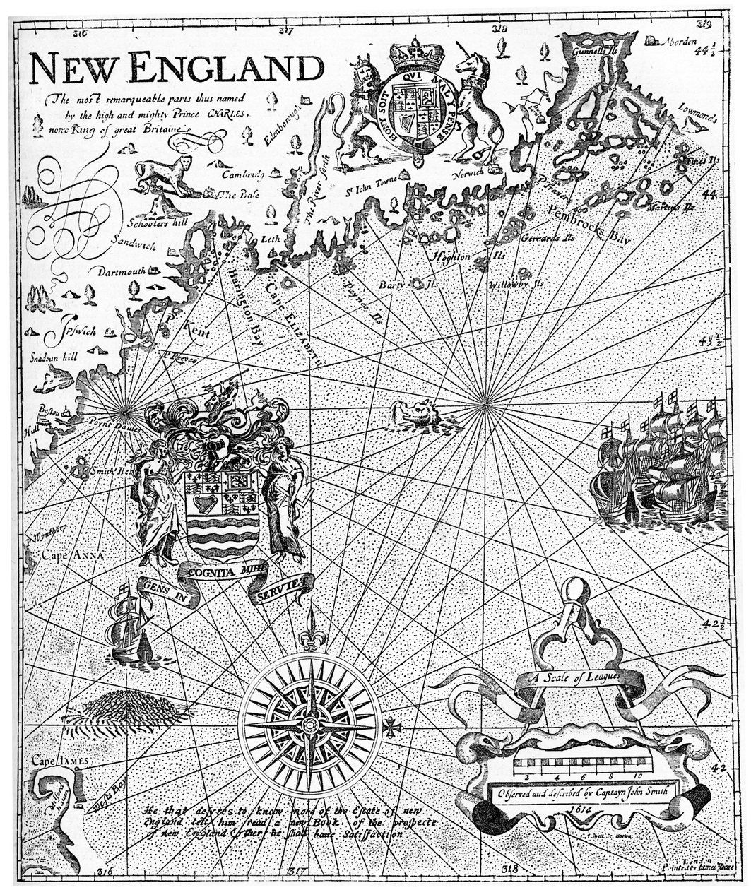 En del av kaptein John Smiths kart over New England, 1600-tallet c1880 av Unbekannt