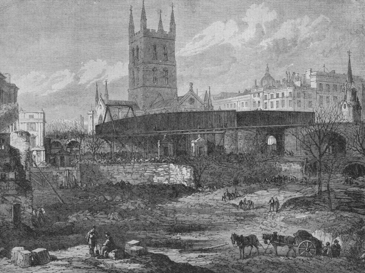 En del av stedet for St. Thomass Hospital i Southwark blir ryddet for jernbaneformål, c1862, av Unbekannt