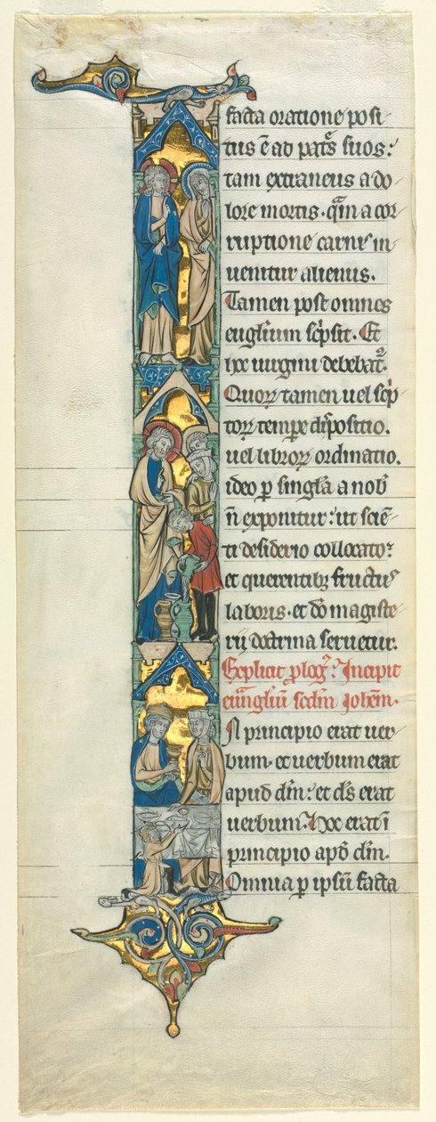 Delvis blad fra en latinsk bibel: Innledende I[n principio] med ekteskapet i Kana, ca. 1260-1270. av Unbekannt