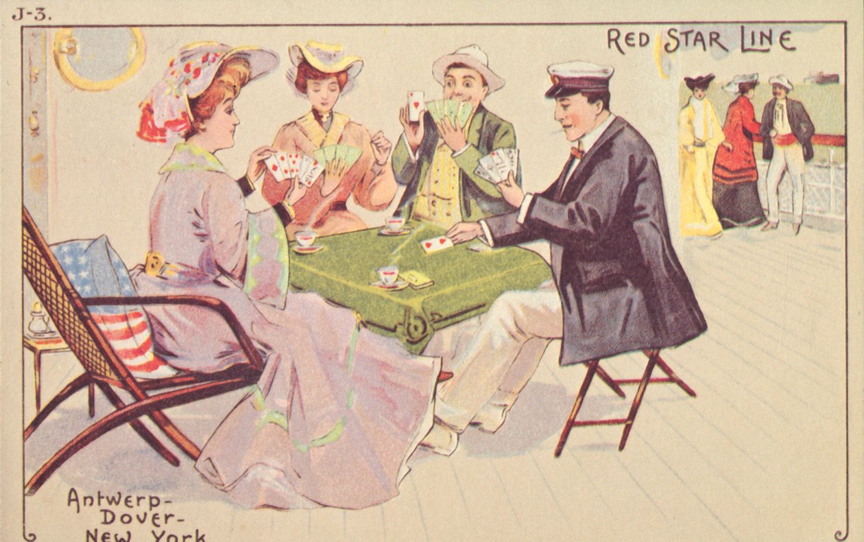 Passasjerer spiller kort på kortstokken til en Red Star-båt, 1907. av Unbekannt